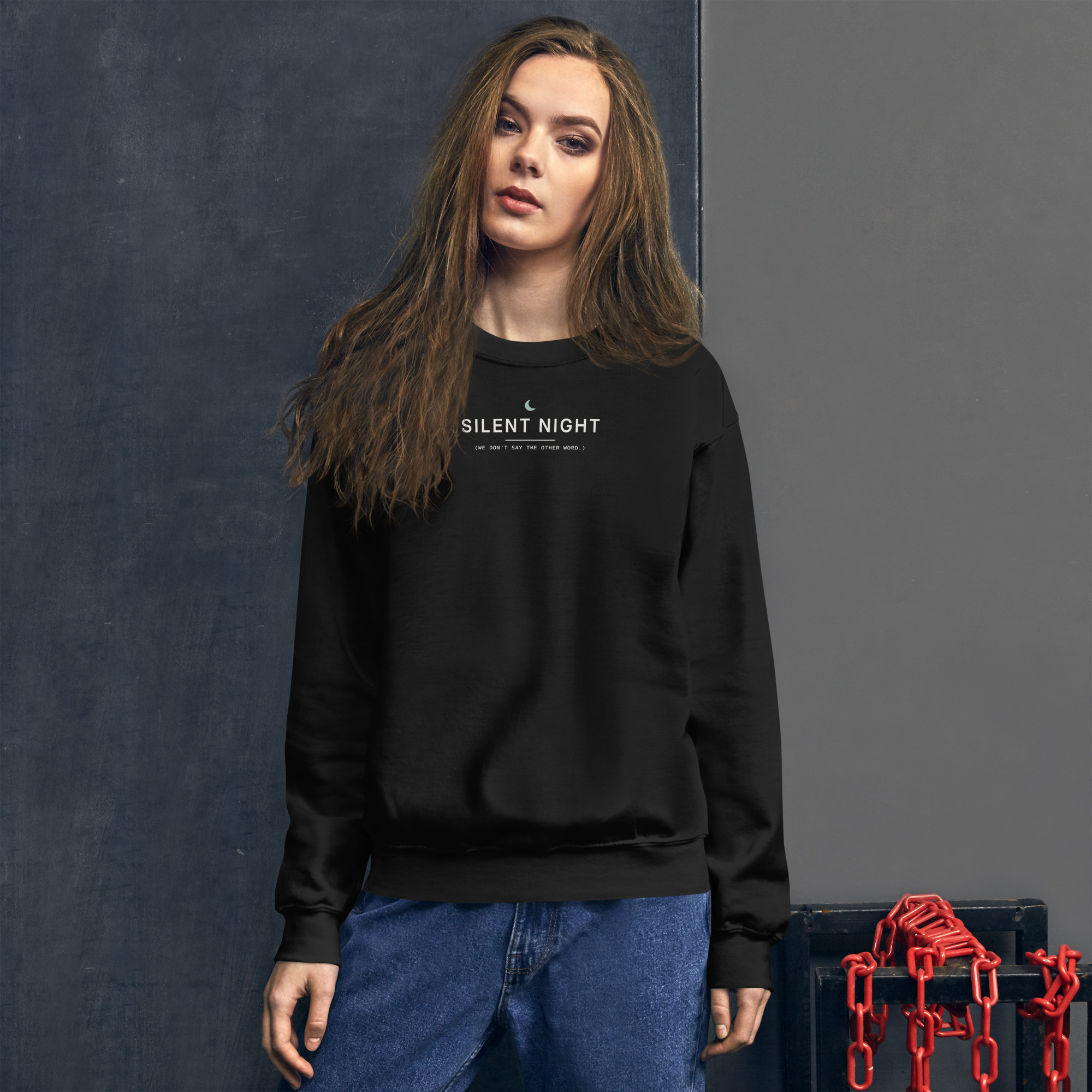 Black Silent Night sweatshirt, on model