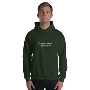 Forest Green Warm Hands, Long Views hoodie, front on model