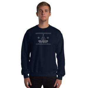 Navy Balanced and Merry sweatshirt, front on model