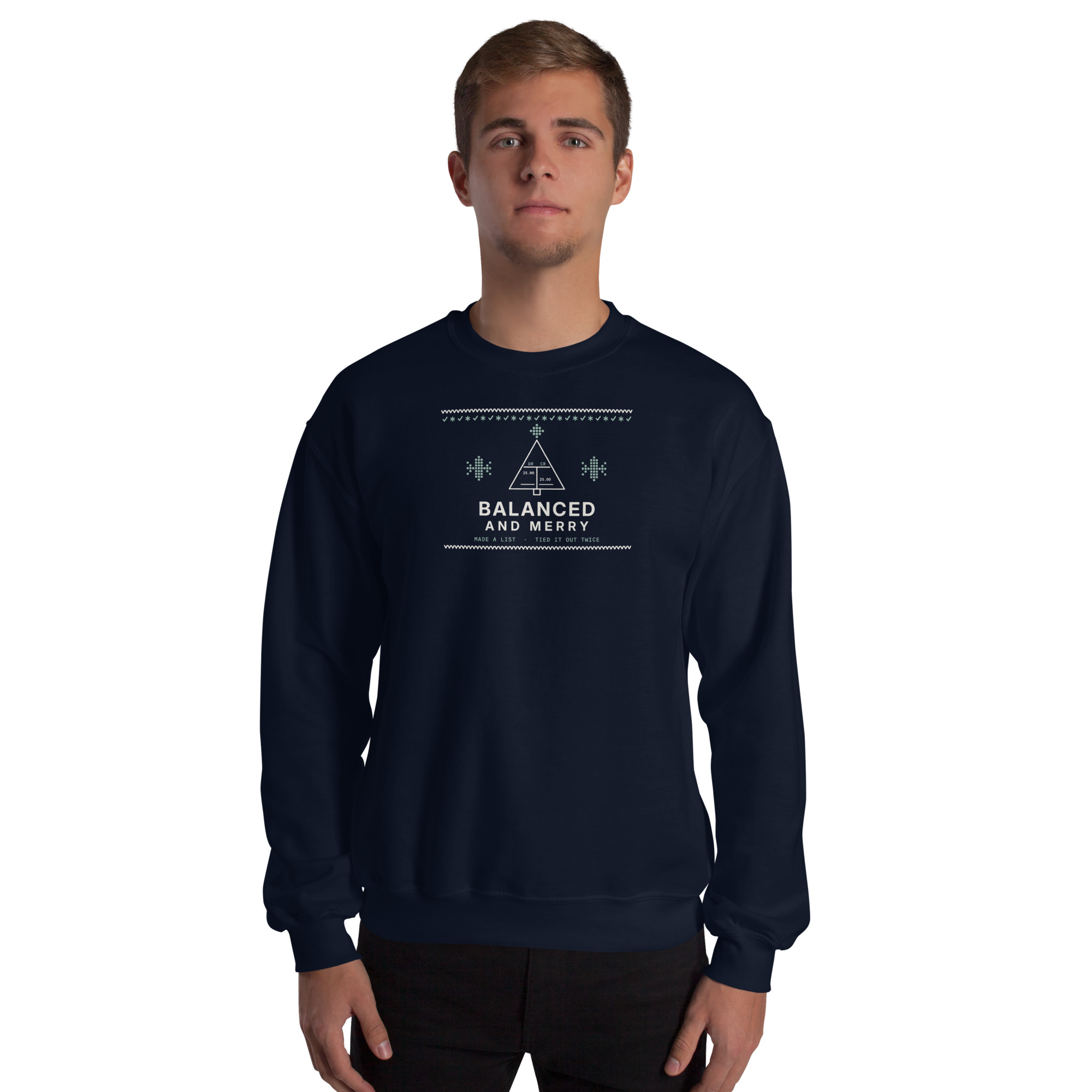 Navy Balanced and Merry sweatshirt, front on model