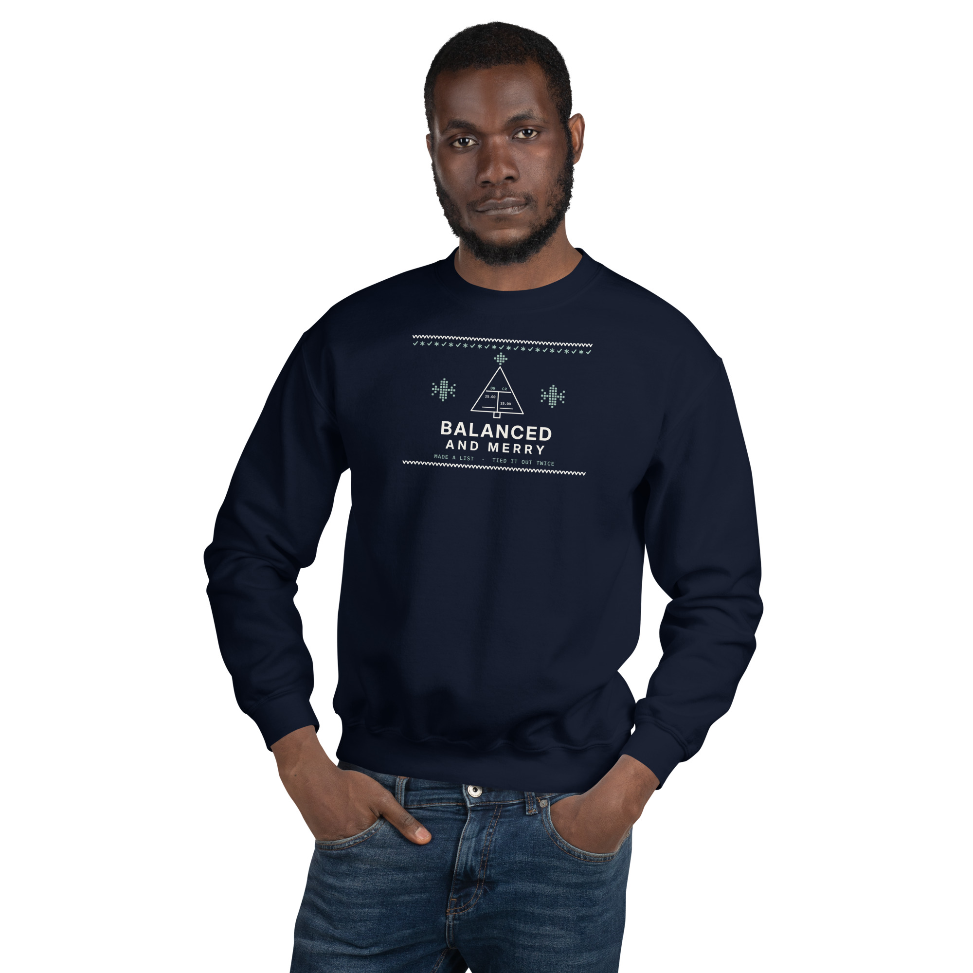 Navy Balanced and Merry sweatshirt, on model