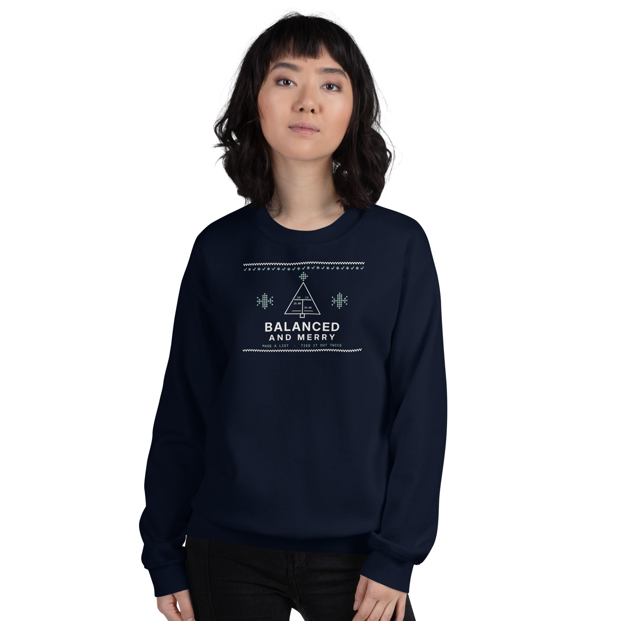 Navy Balanced and Merry sweatshirt, on model