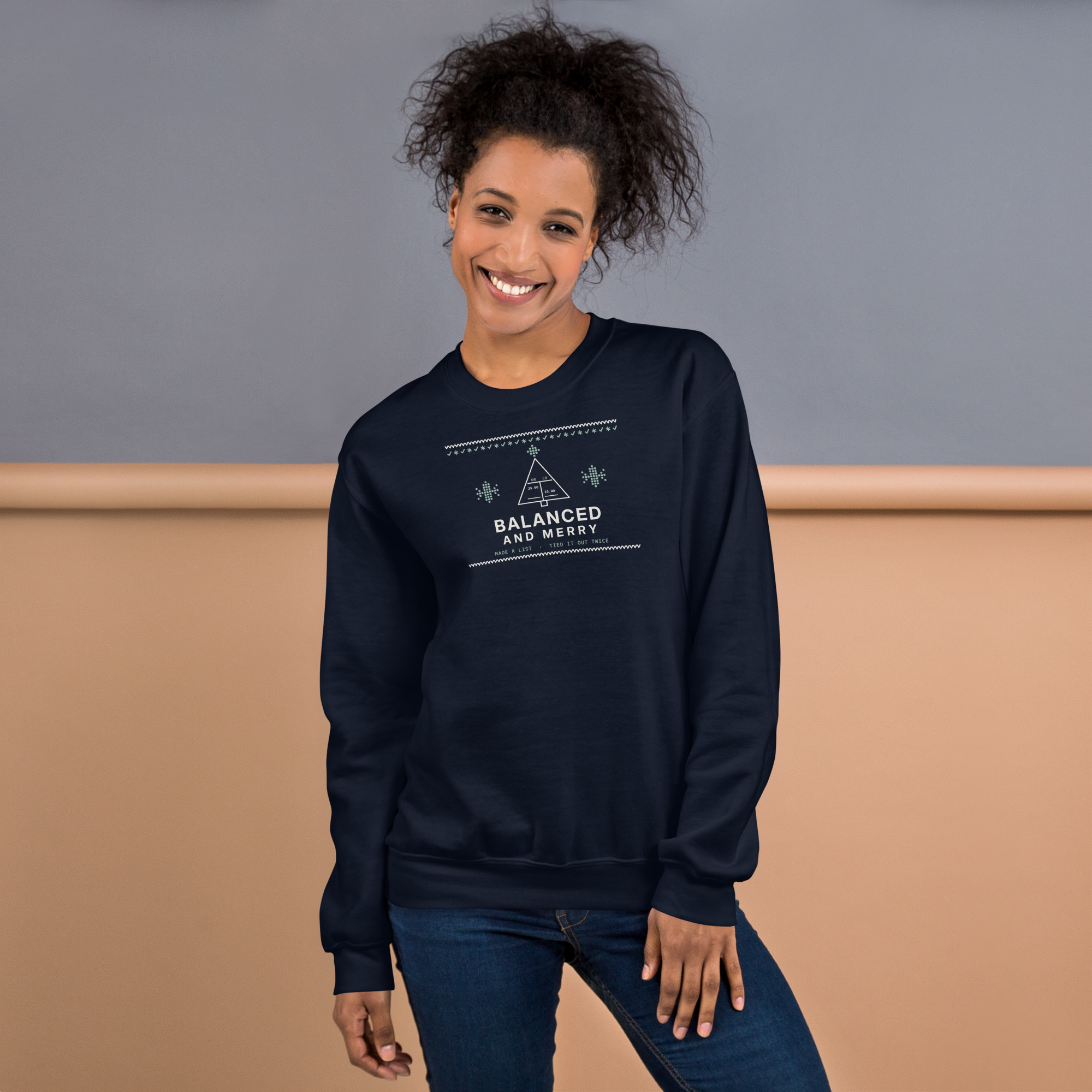 Navy Balanced and Merry sweatshirt, on model