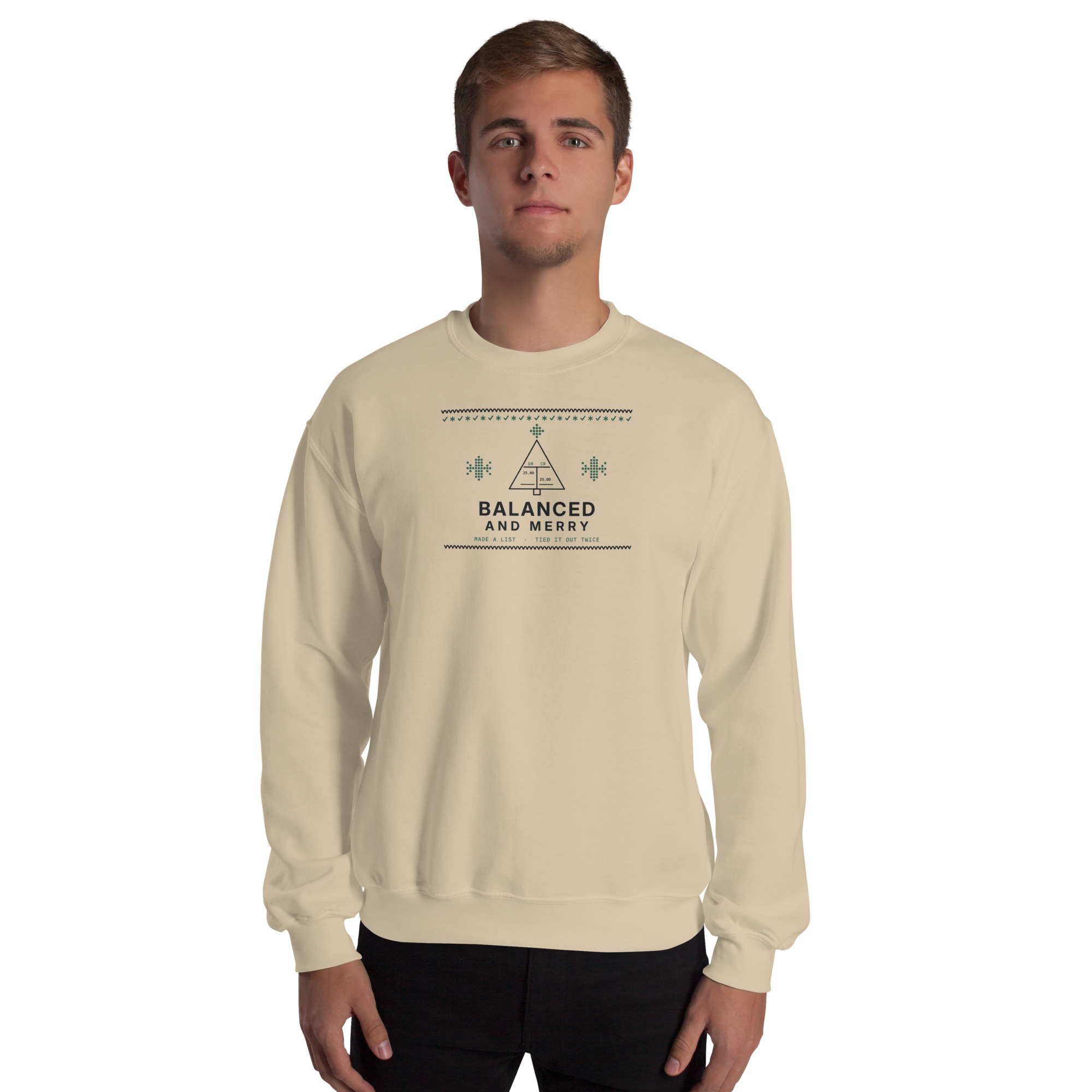 Sand Balanced and Merry sweatshirt, front on model