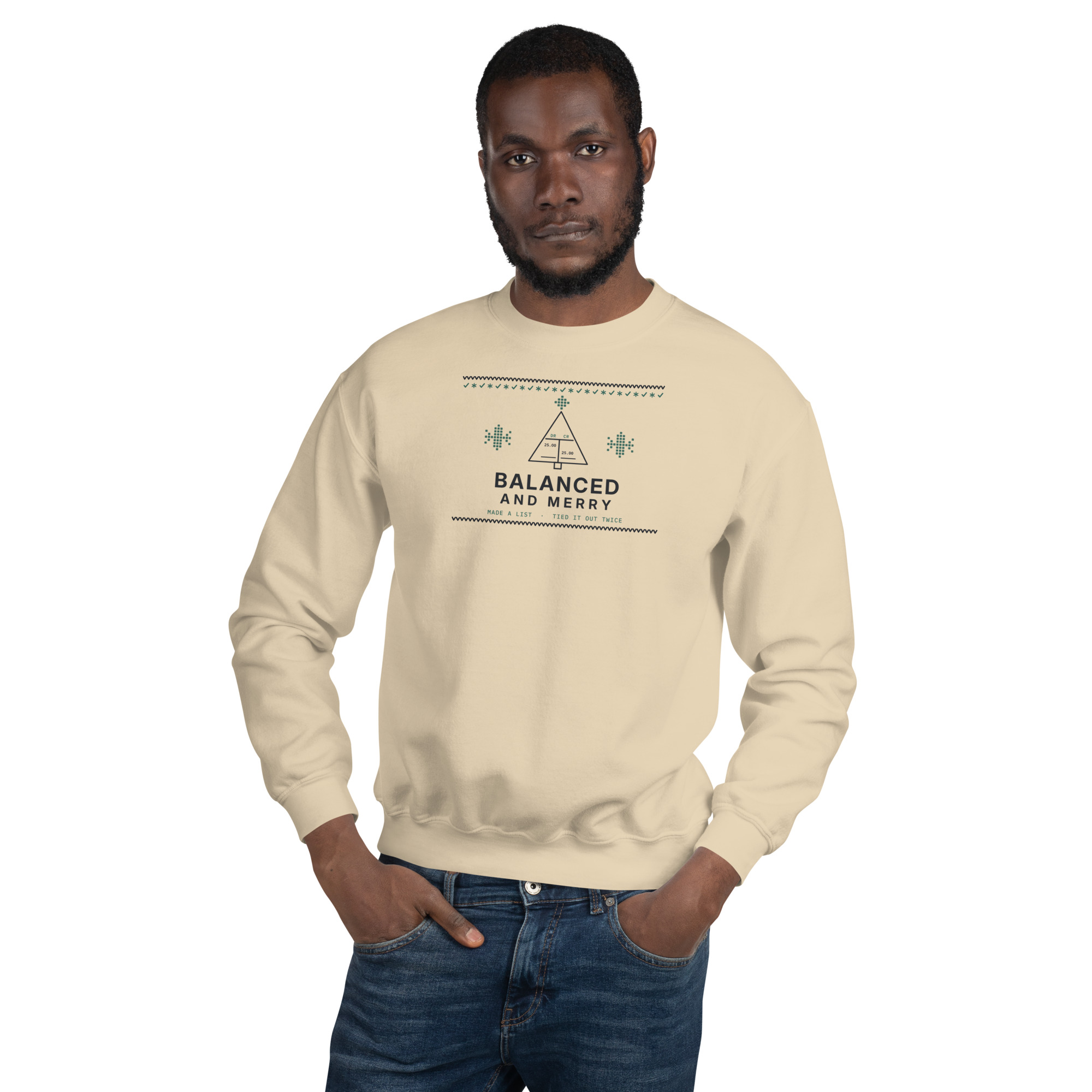 Sand Balanced and Merry sweatshirt, on model