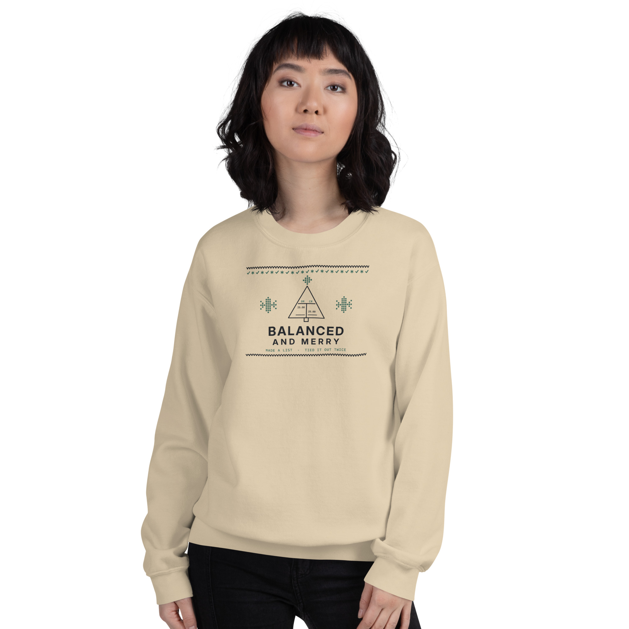 Sand Balanced and Merry sweatshirt, on model
