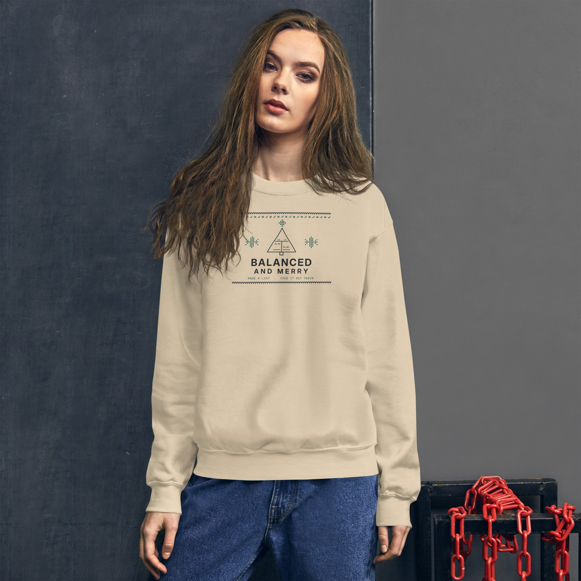 Sand Balanced and Merry sweatshirt, on model