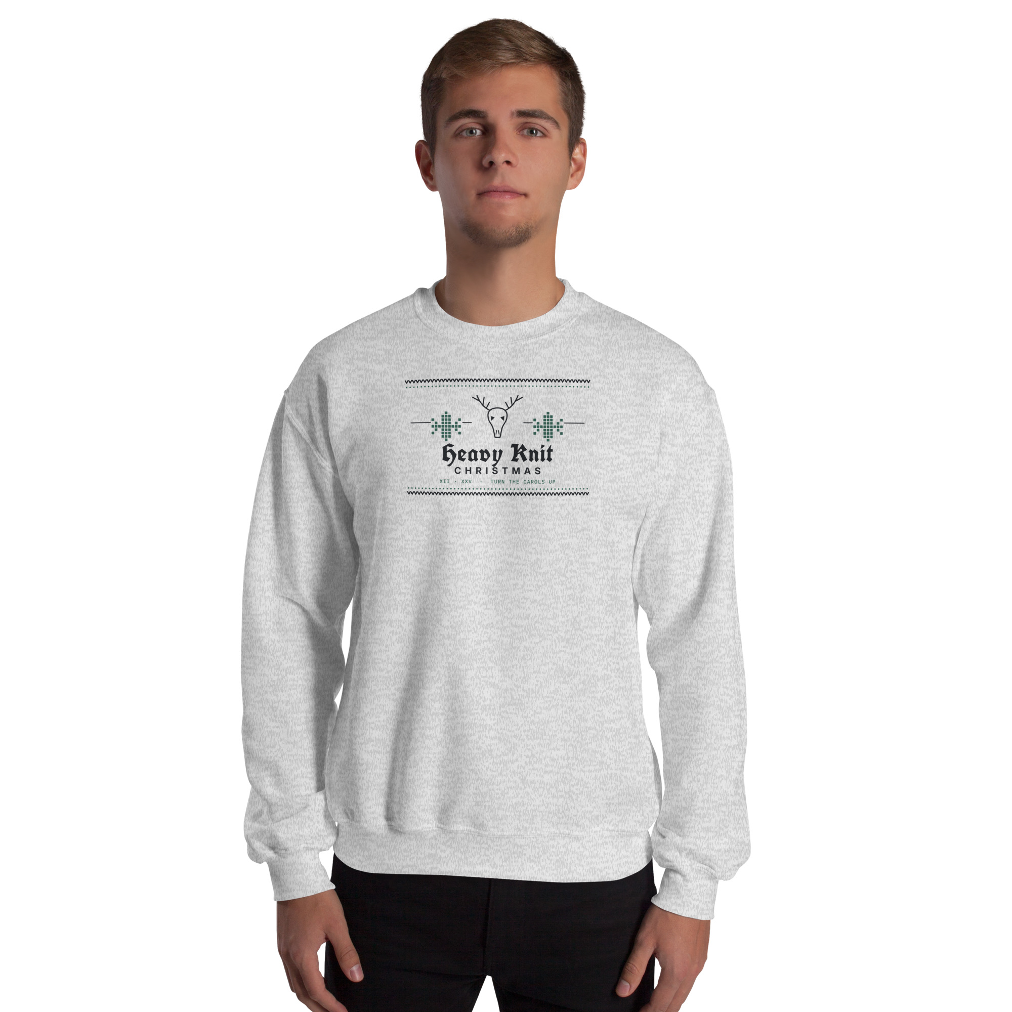Ash Heavy Knit Christmas sweatshirt, front on model