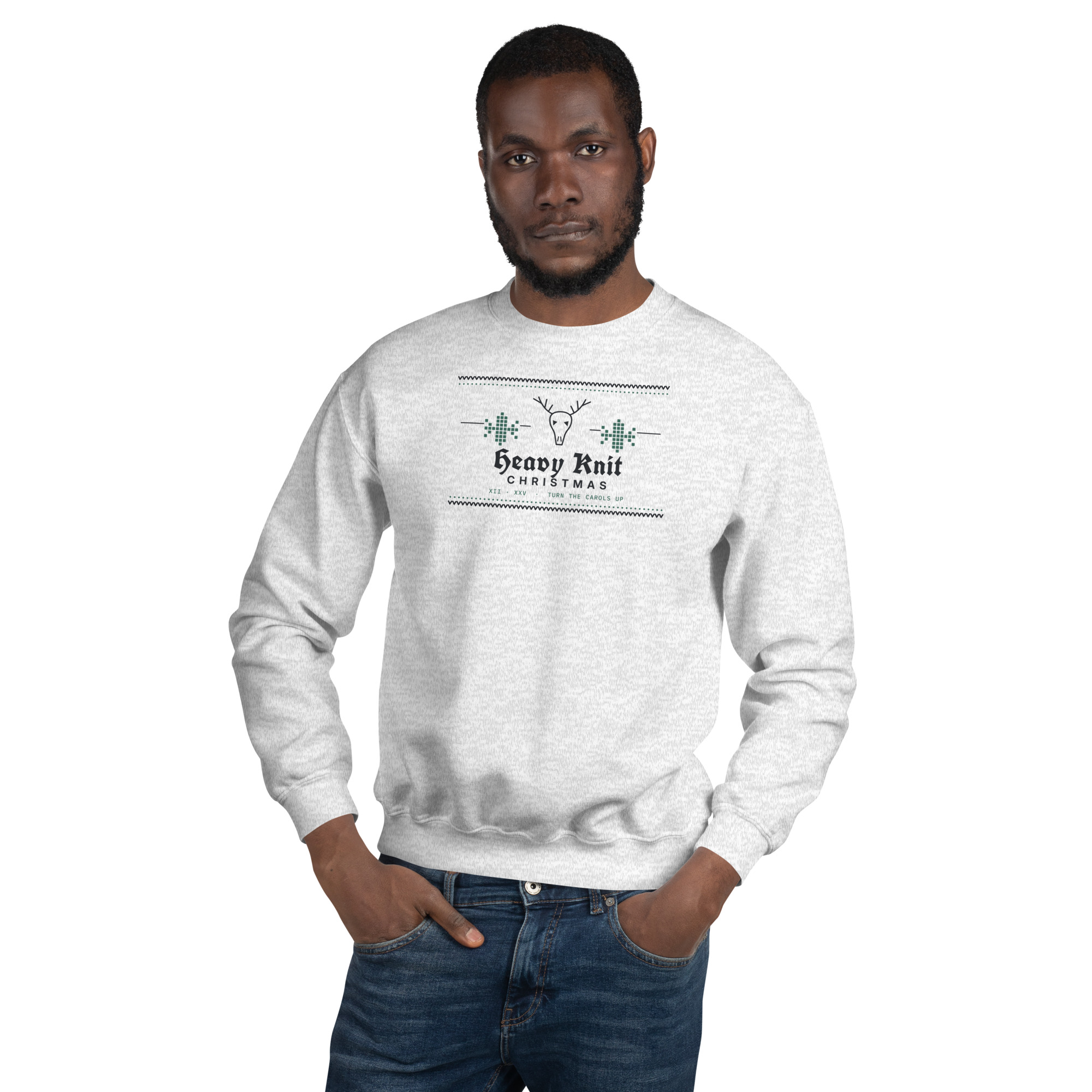 Ash Heavy Knit Christmas sweatshirt, on model