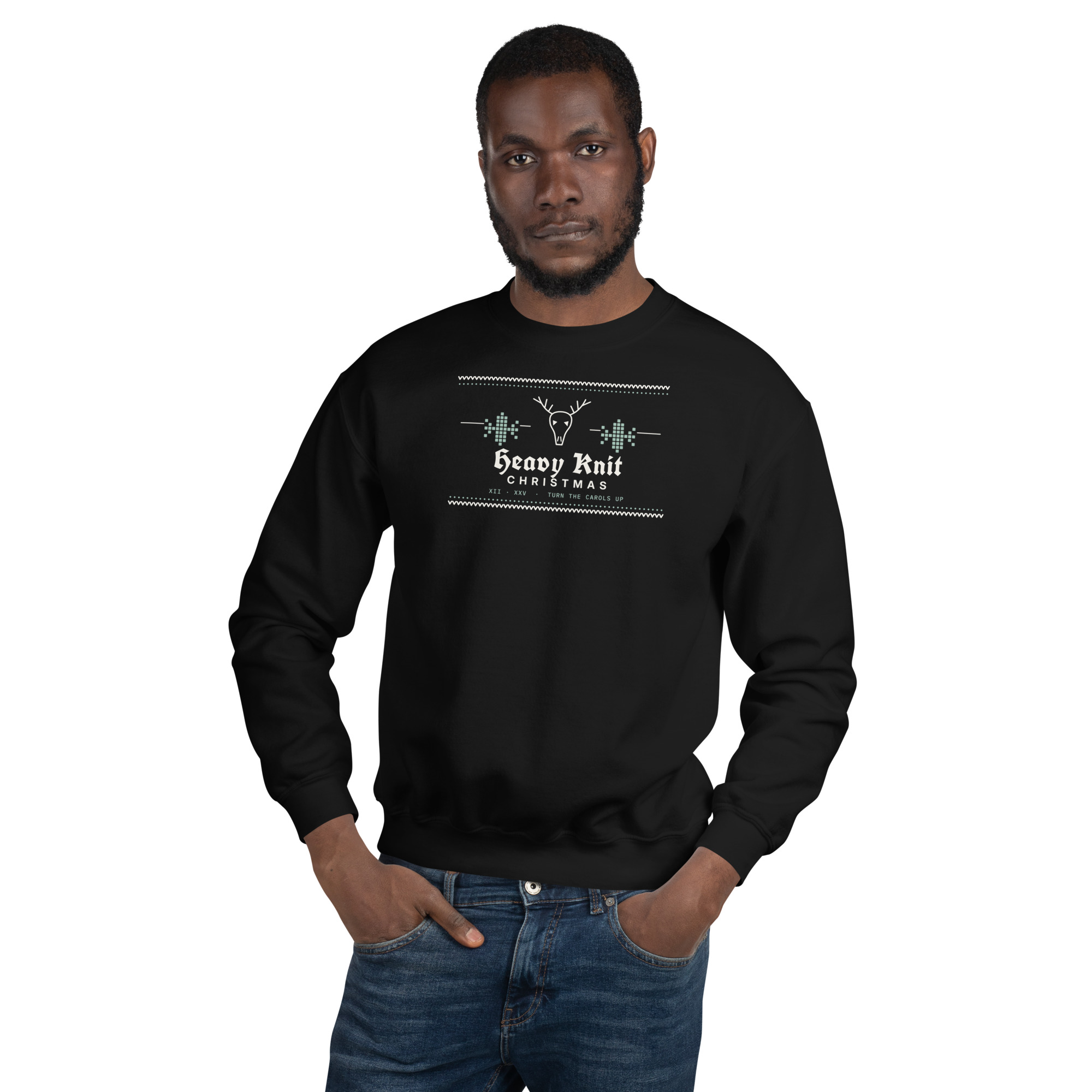 Black Heavy Knit Christmas sweatshirt, on model