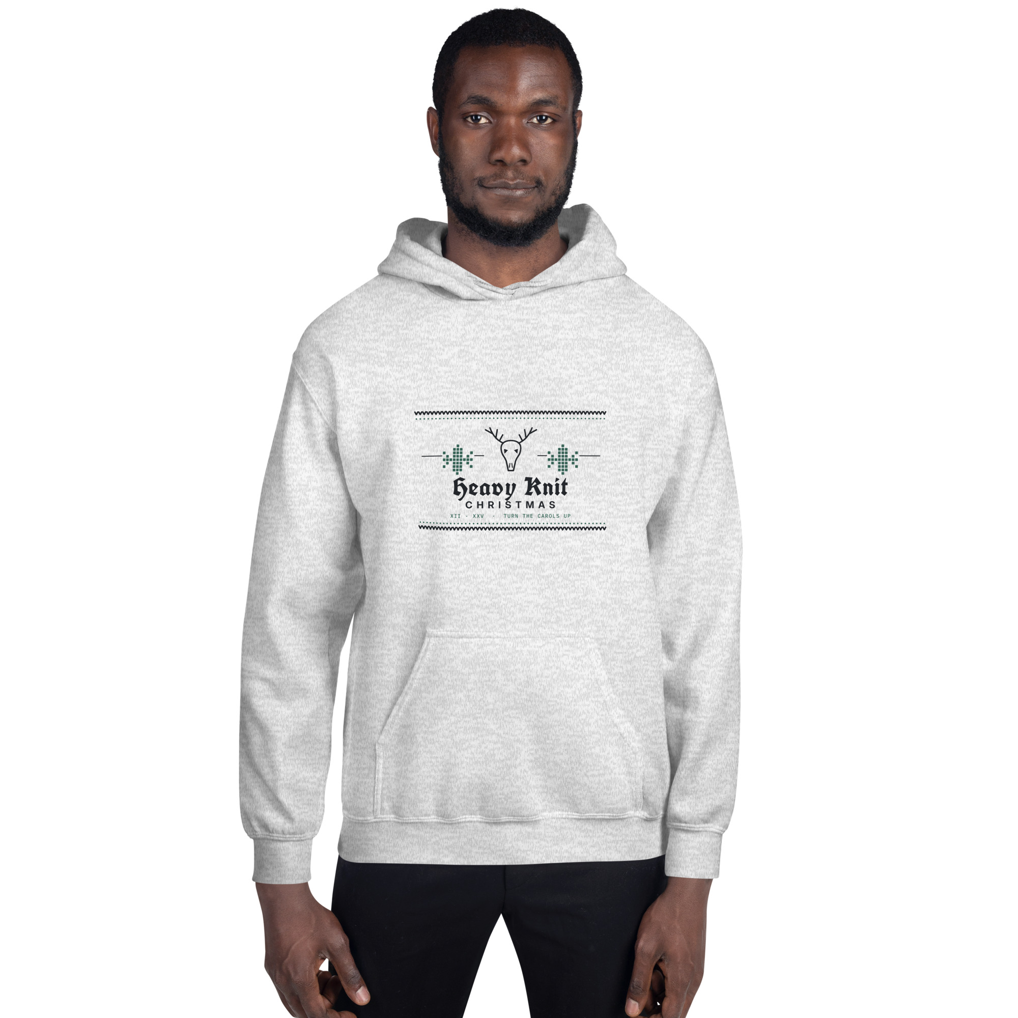 Ash Heavy Knit Christmas hoodie, on model