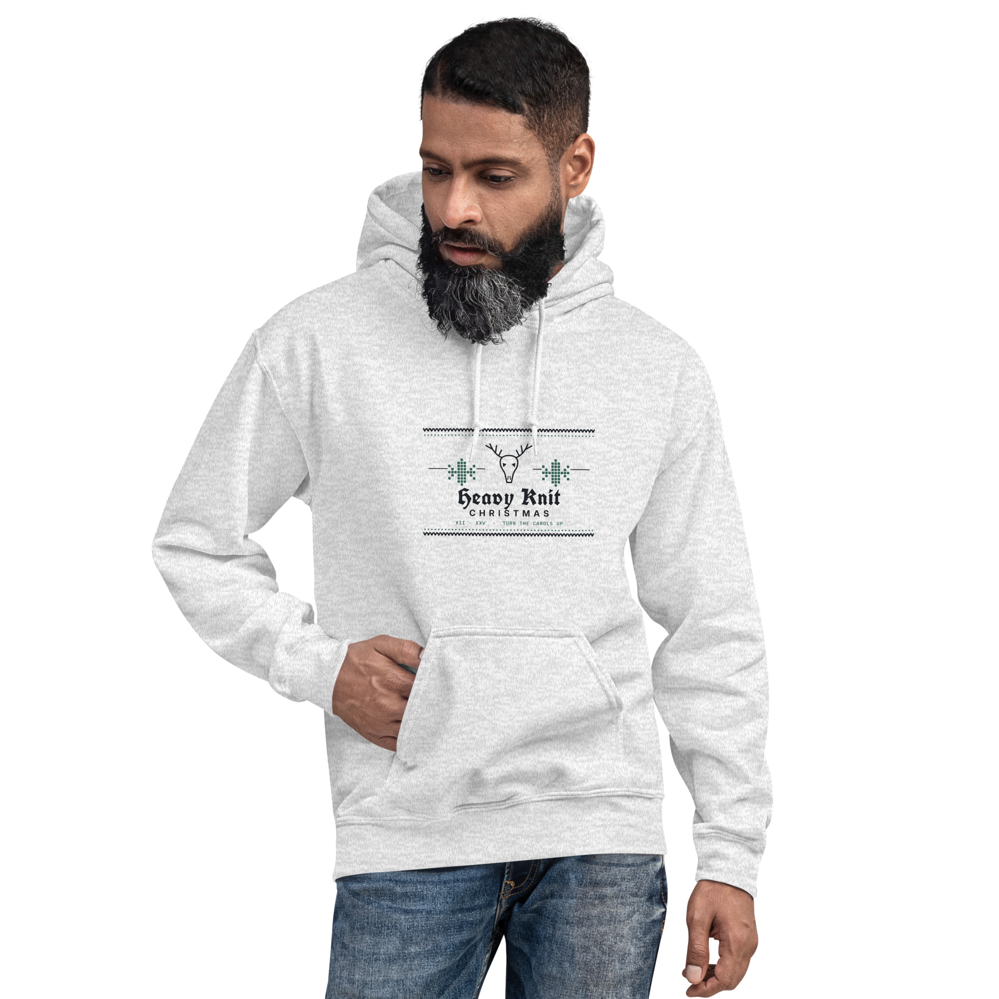 Ash Heavy Knit Christmas hoodie, on model