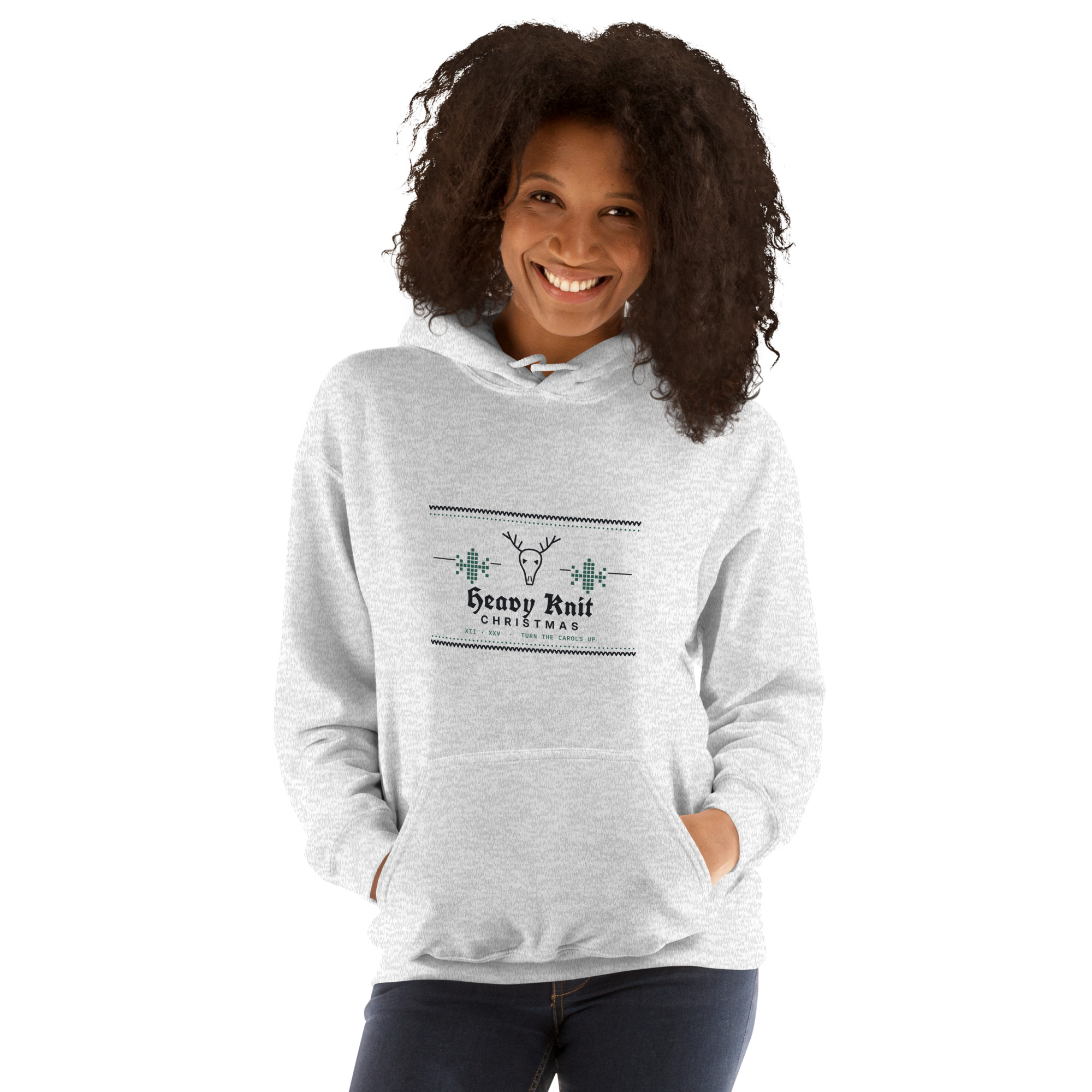 Ash Heavy Knit Christmas hoodie, on model