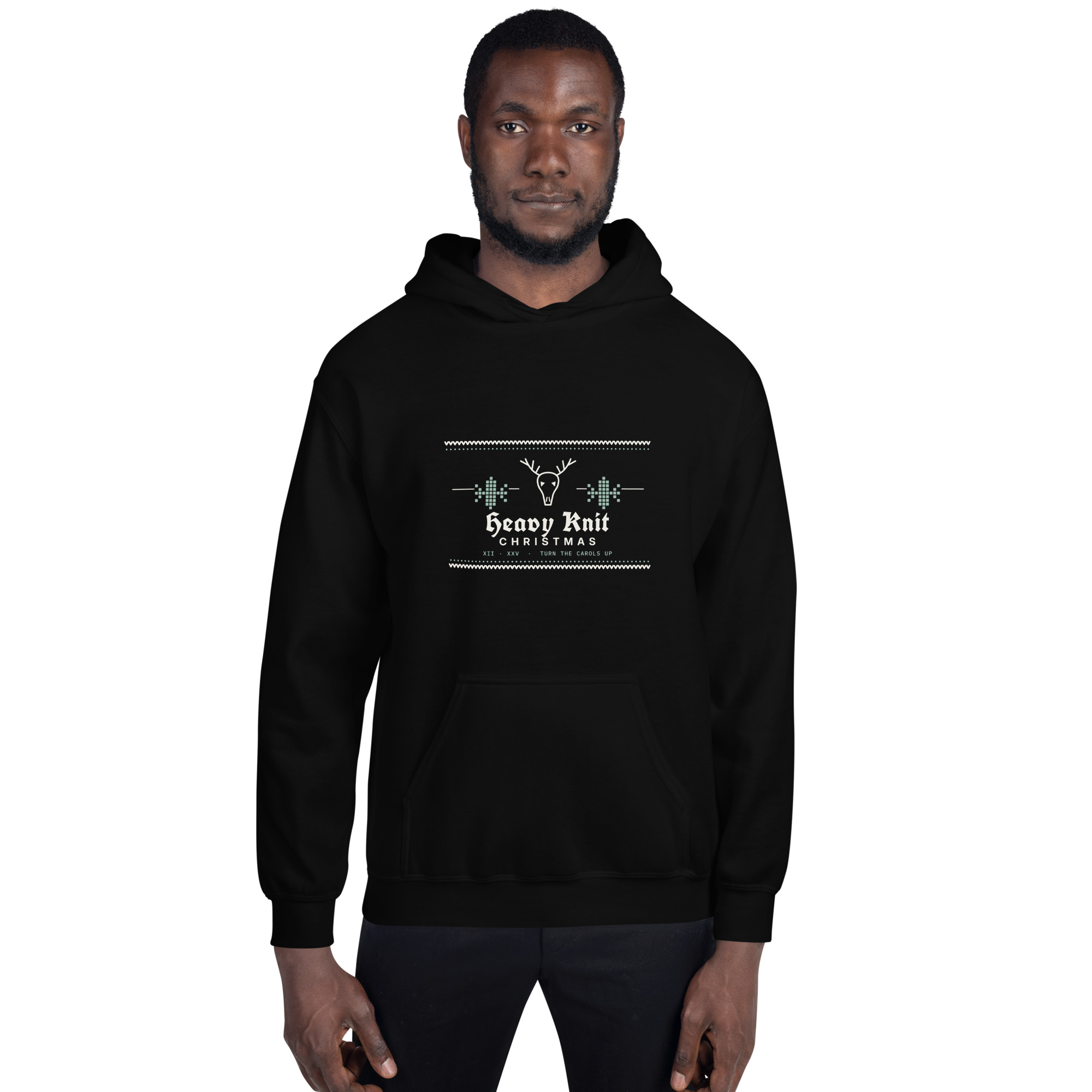 Black Heavy Knit Christmas hoodie, on model