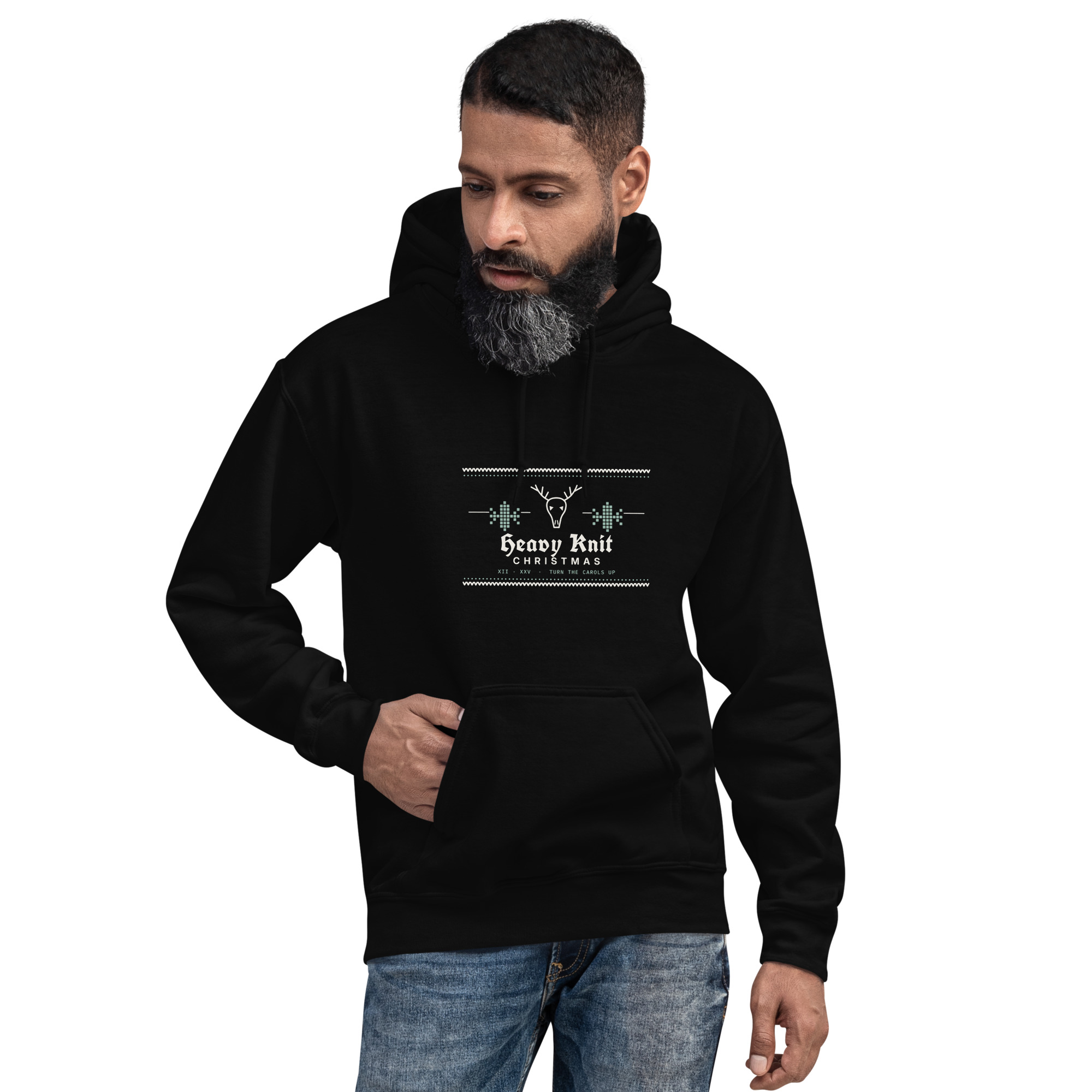 Black Heavy Knit Christmas hoodie, on model