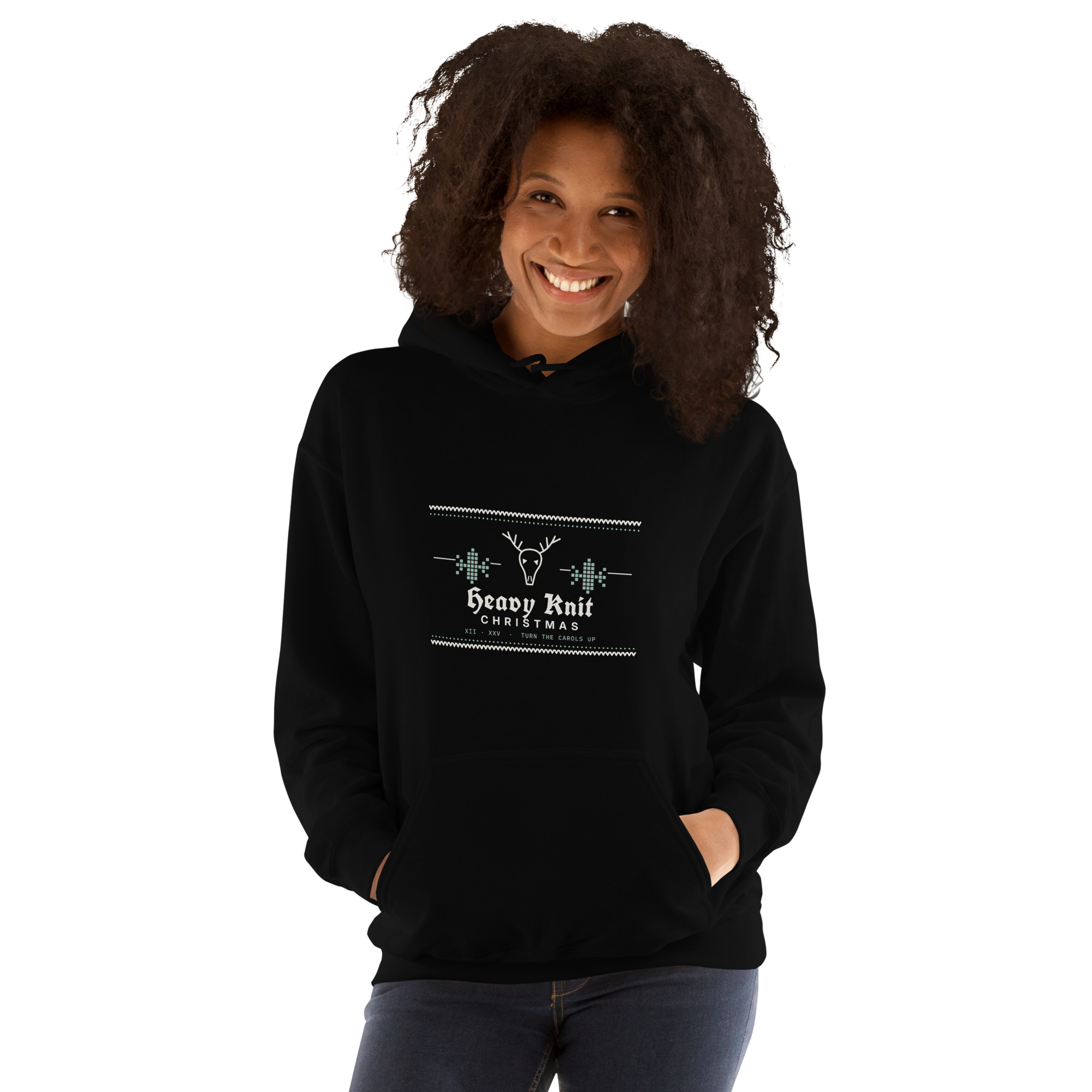 Black Heavy Knit Christmas hoodie, on model