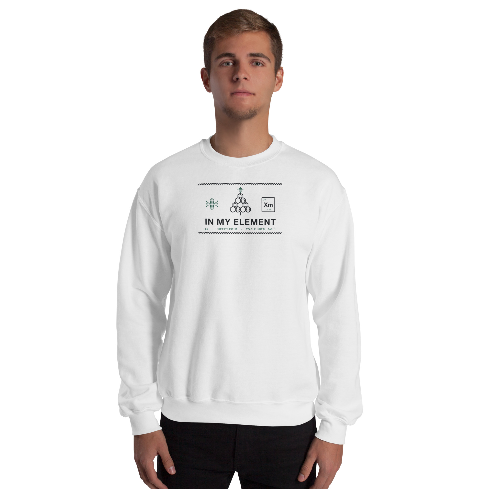 White In My Element sweatshirt, front on model