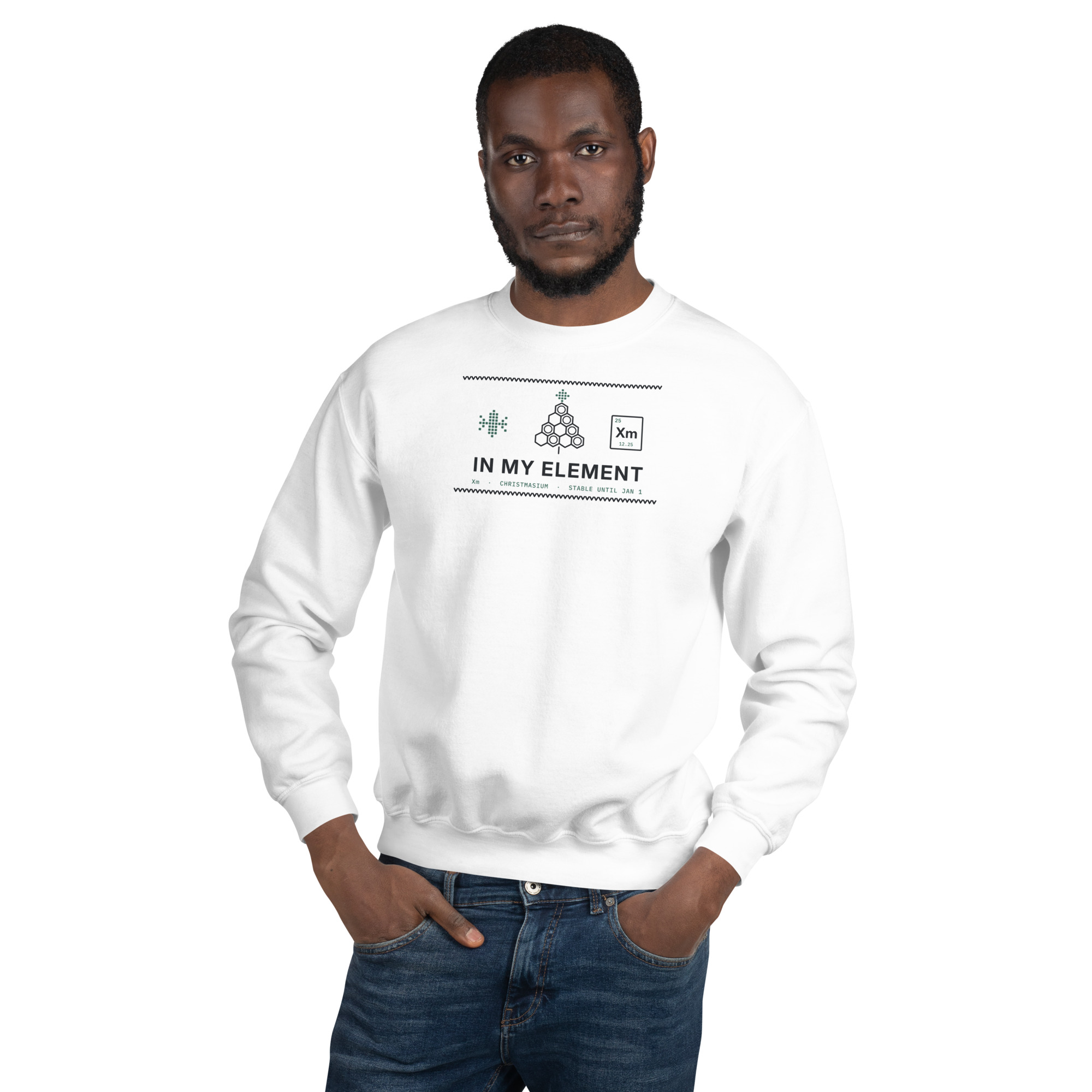 White In My Element sweatshirt, on model
