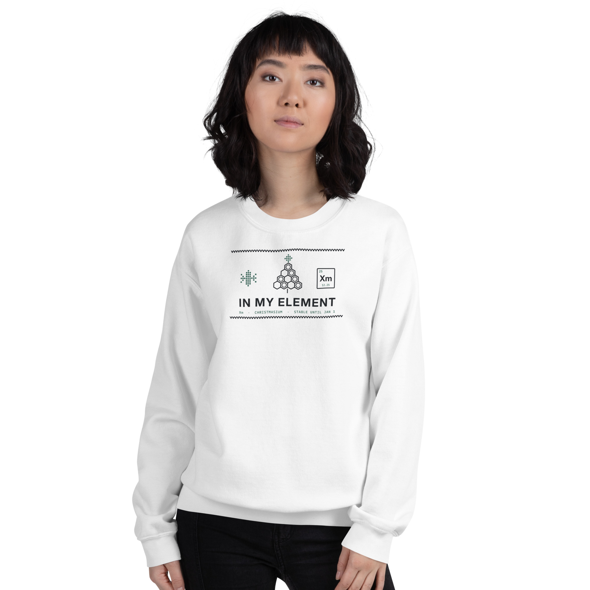 White In My Element sweatshirt, on model