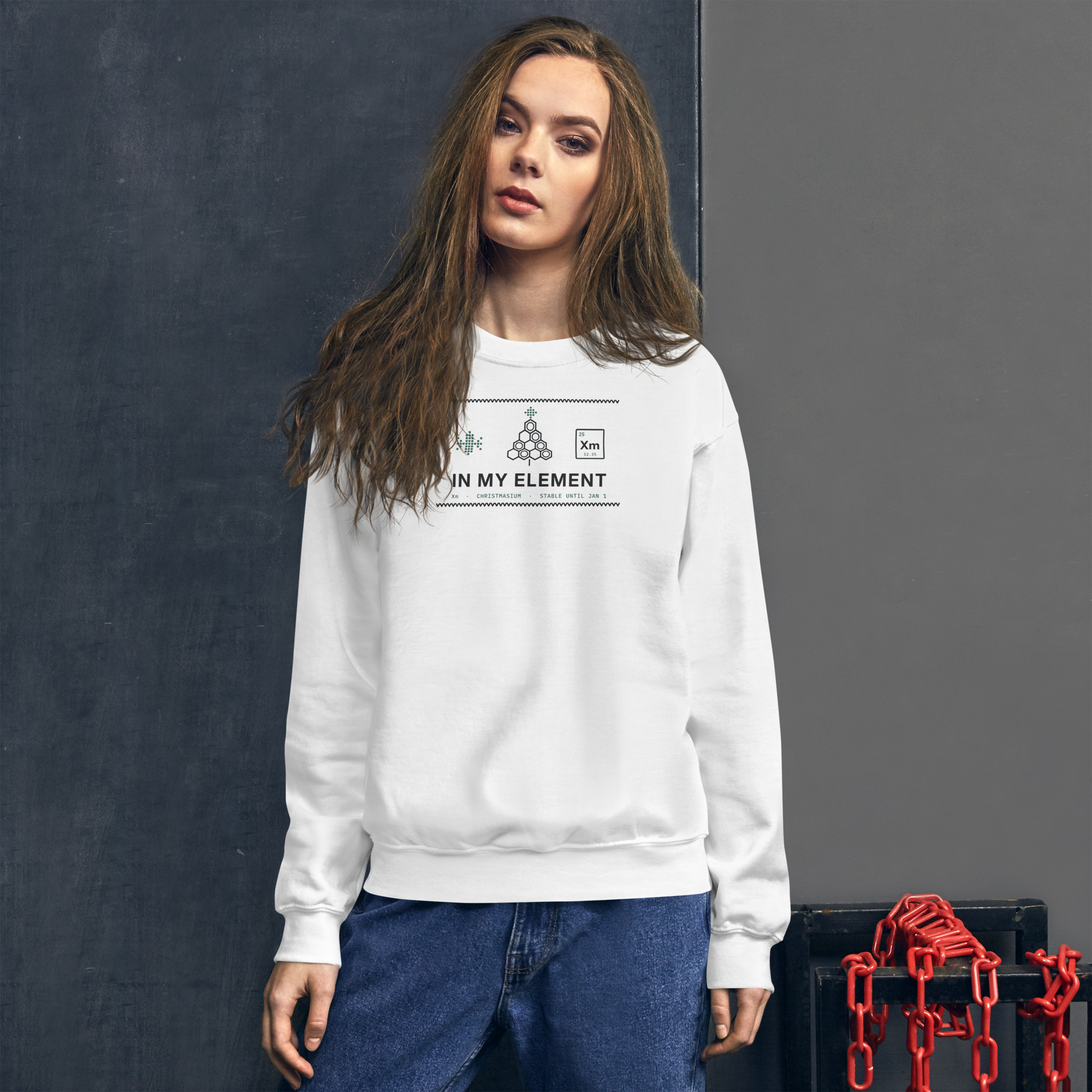 White In My Element sweatshirt, on model