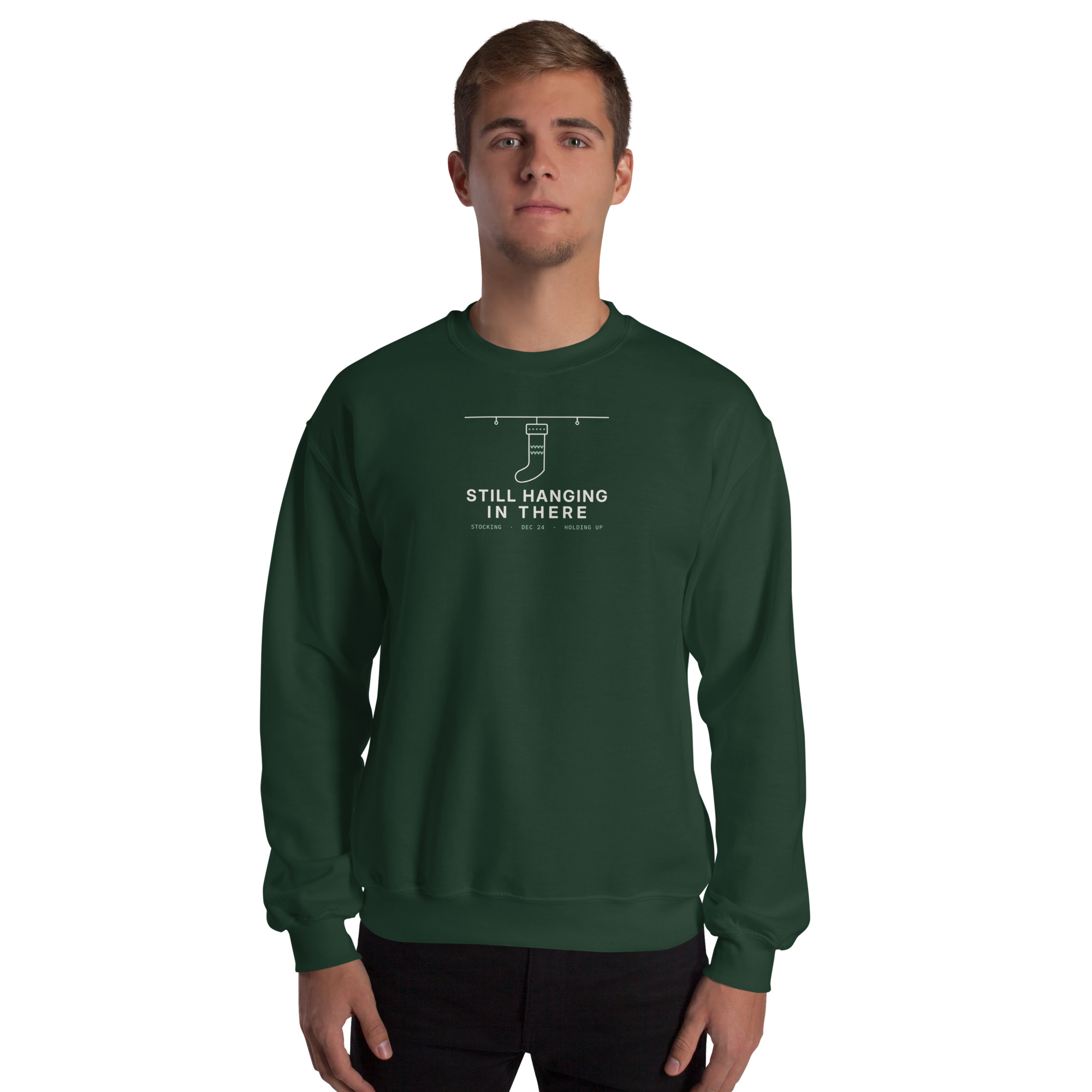 Forest Green Still Hanging In There sweatshirt, front on model